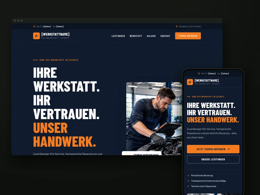 Website-Konzept für eine Kfz-Werkstatt auf Desktop und Smartphone
