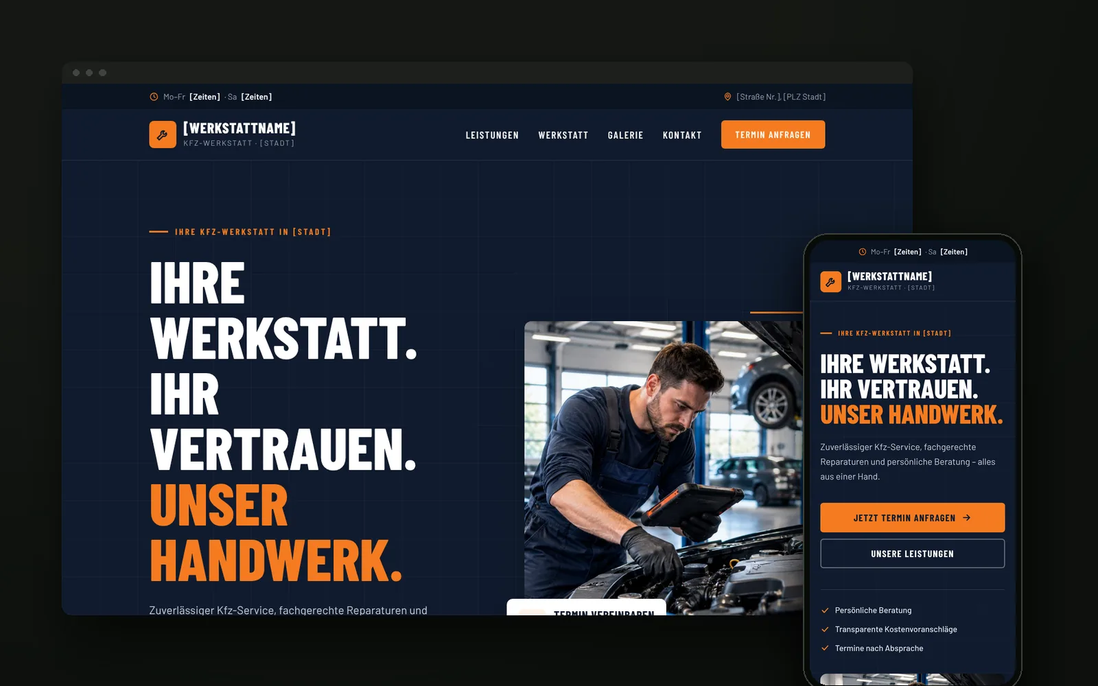 Car repair workshop website concept on desktop and mobile