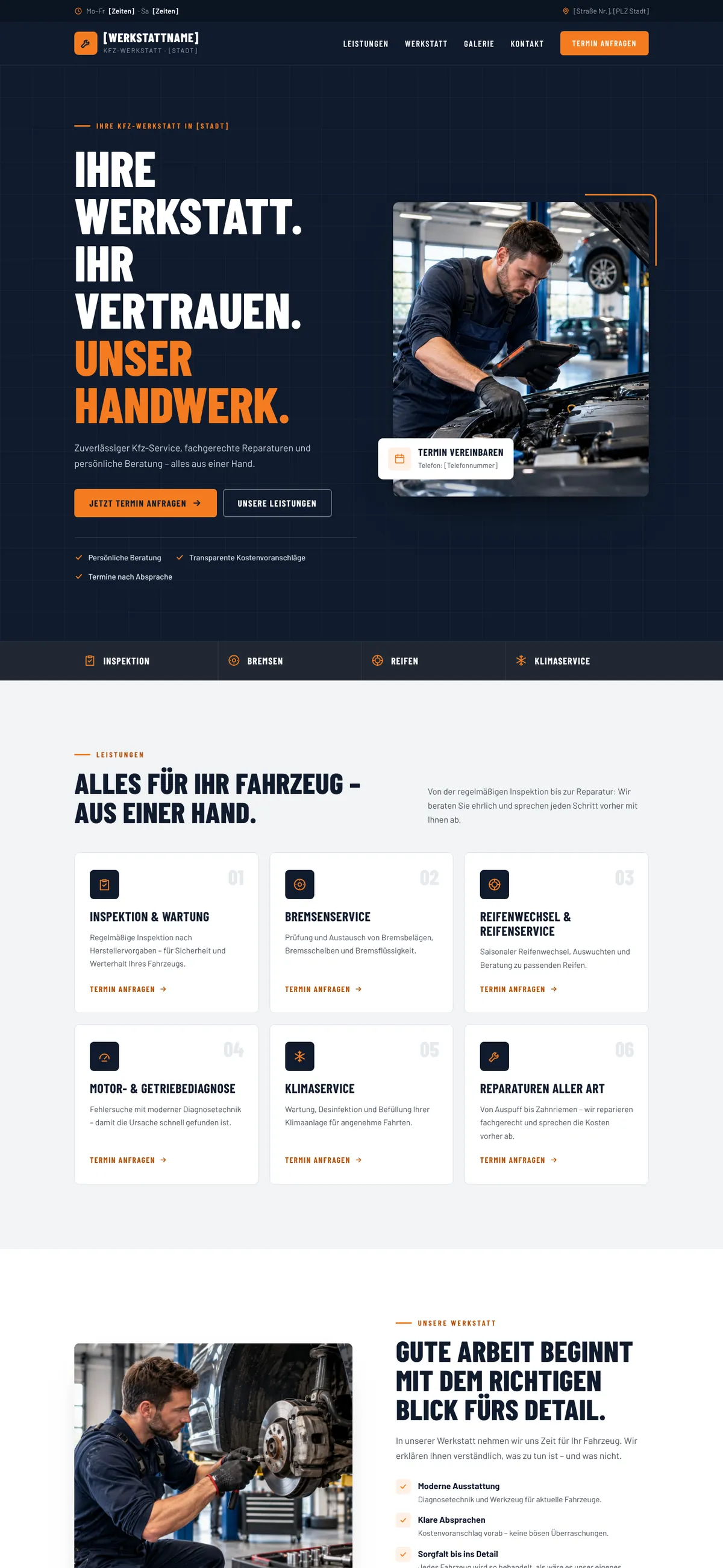 Kfz-Werkstatt website concept — desktop view of the homepage