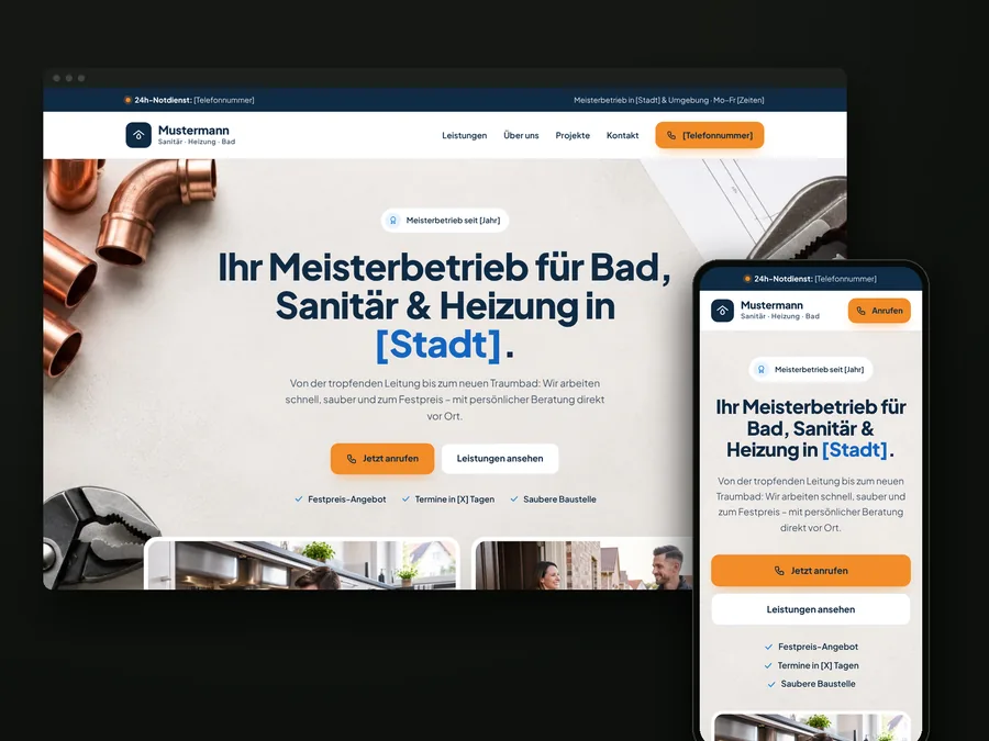 Website-Konzept für einen Sanitär- und Heizungsbetrieb auf Desktop und Smartphone