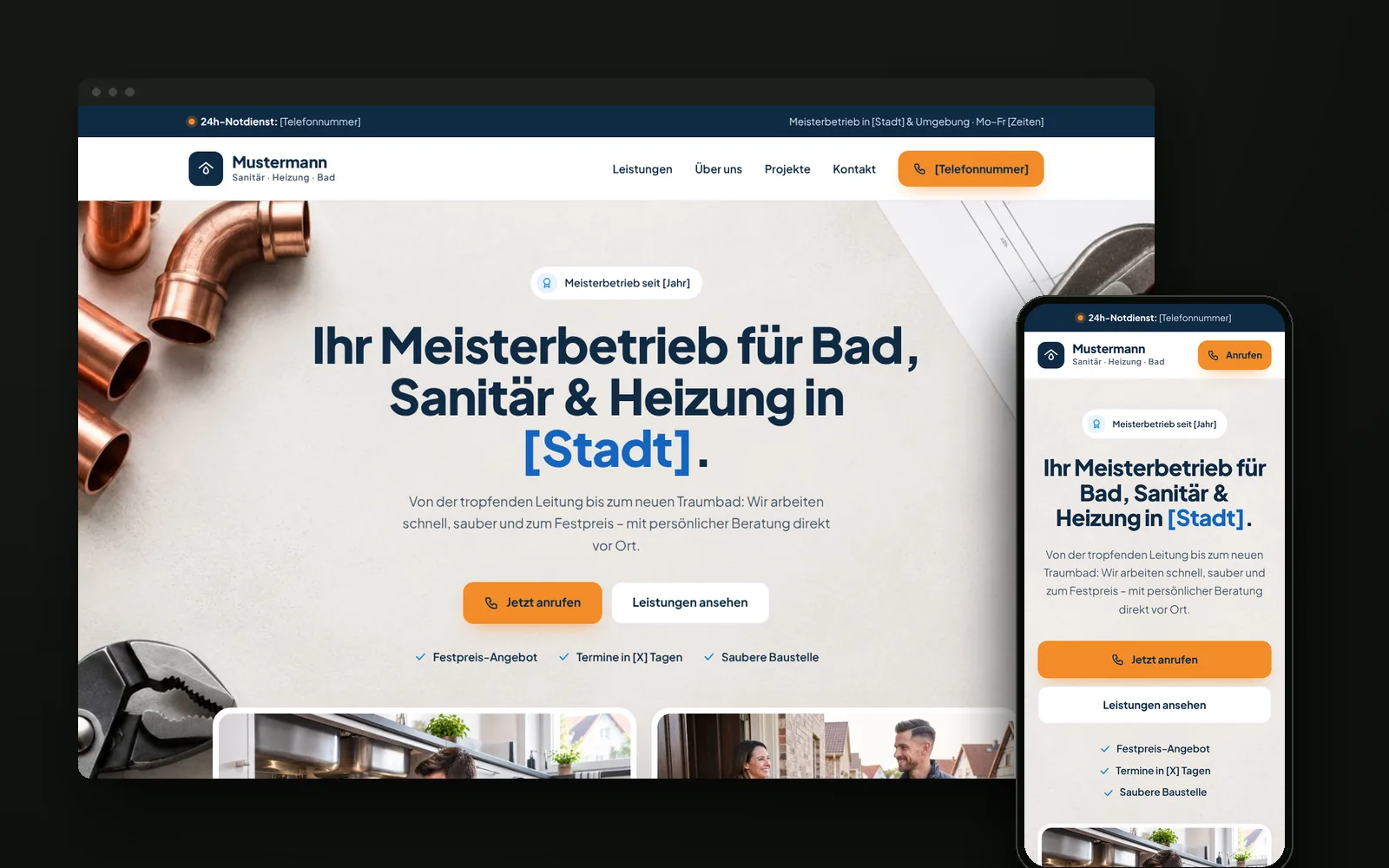 Website-Konzept für einen Sanitär- und Heizungsbetrieb auf Desktop und Smartphone