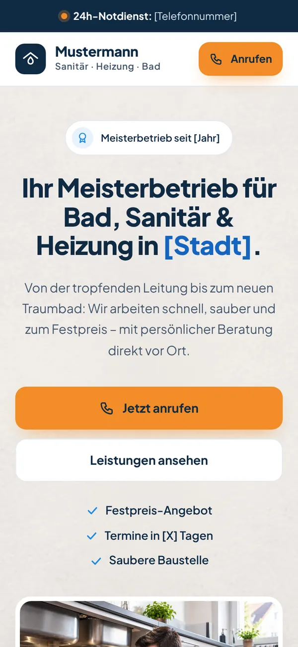 Website-Konzept Mustermann Sanitär — mobile Ansicht