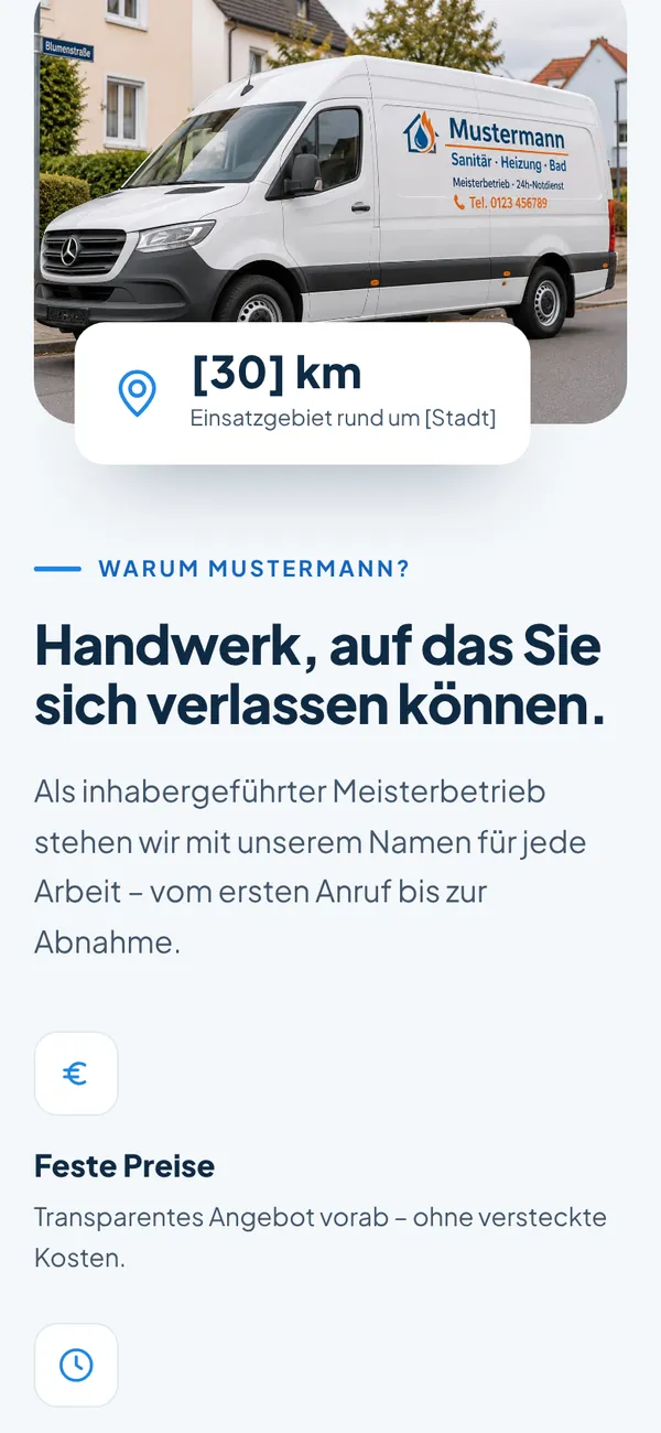 Website-Konzept Mustermann Sanitär — mobile Ansicht