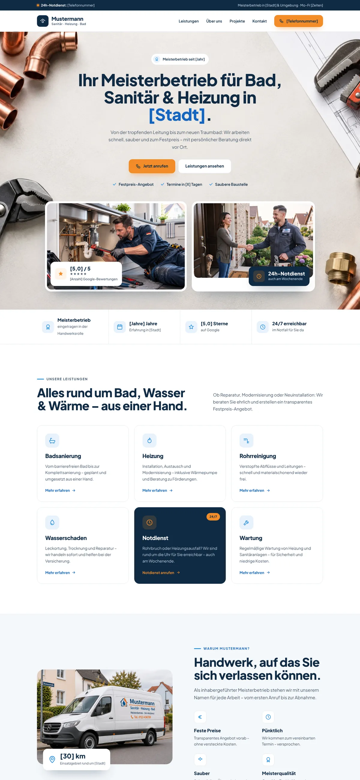 Website-Konzept Mustermann Sanitär — Desktop-Ansicht der Startseite