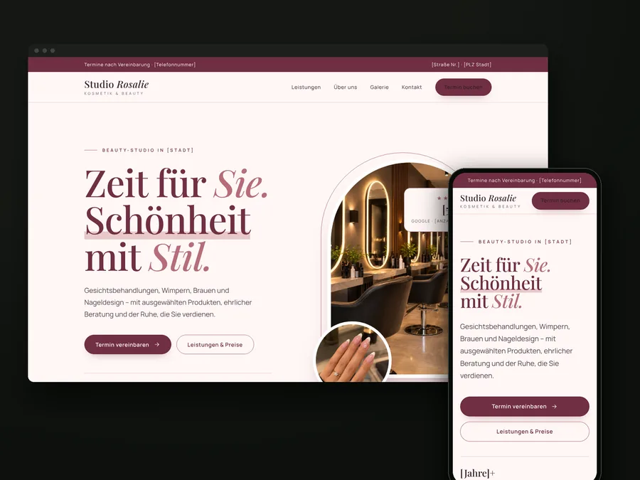 Website-Konzept für das Kosmetikstudio Studio Rosalie auf Desktop und Smartphone