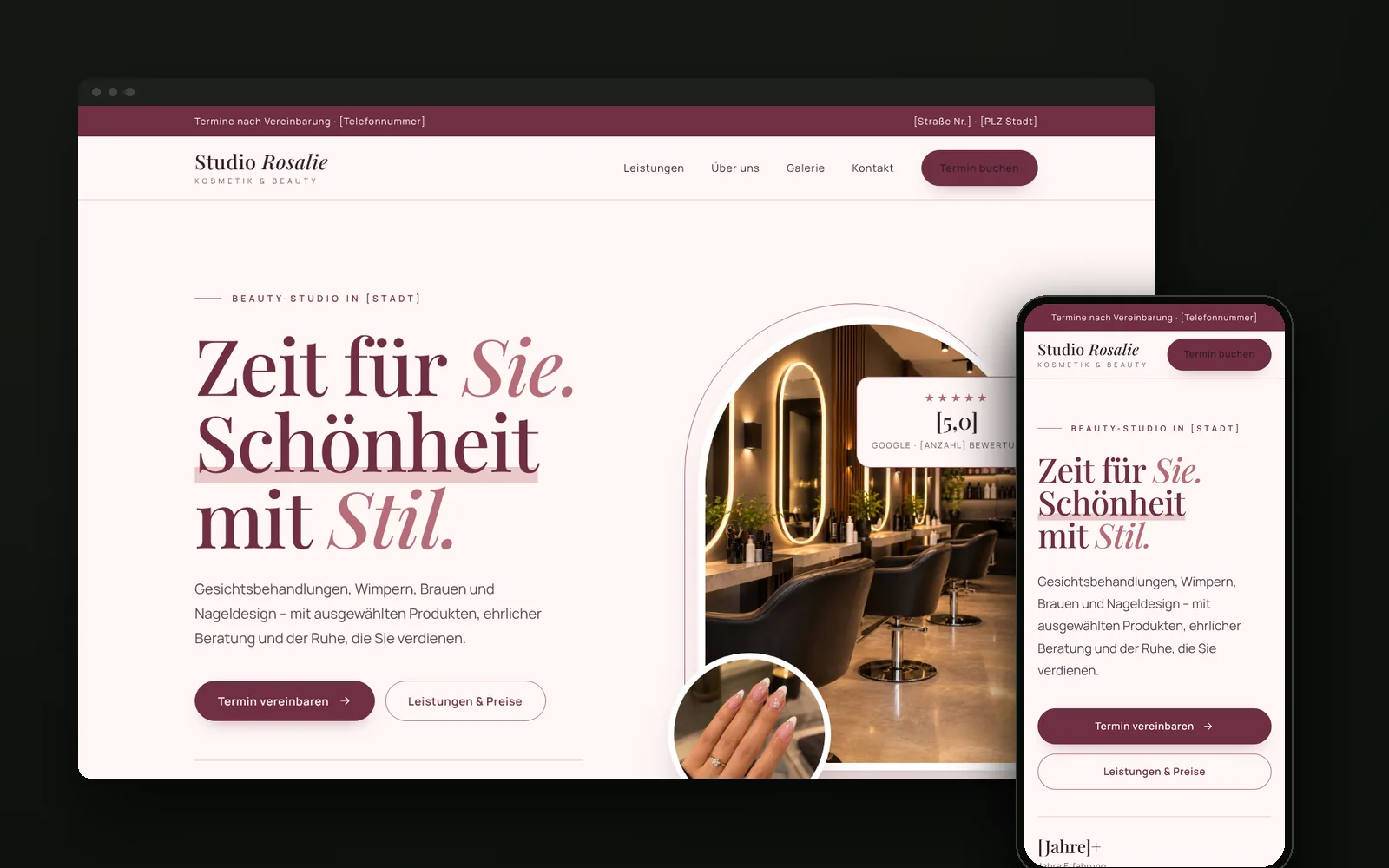 Studio Rosalie beauty salon website concept on desktop and mobile